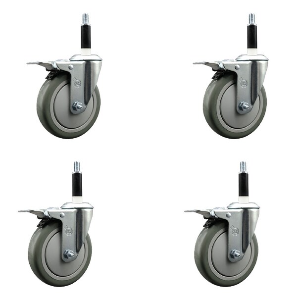5'' Gray Poly Swivel 7/8'' Expanding Stem Caster Set Total Lock Brake, 4PK